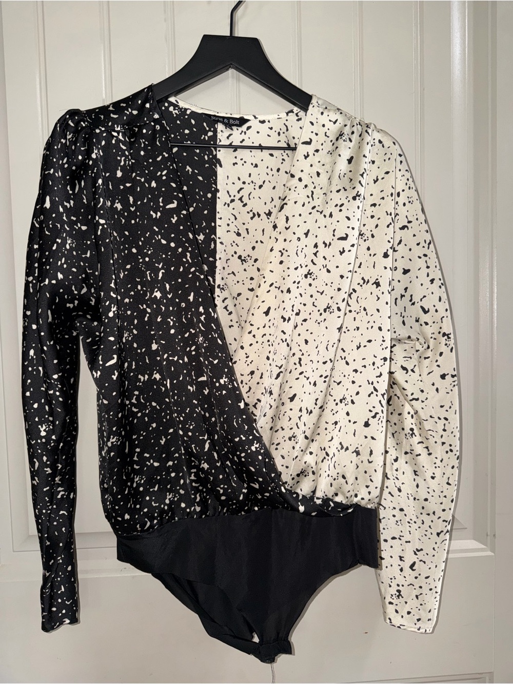 Black and White Speckled Wrap-Front Bodysuit